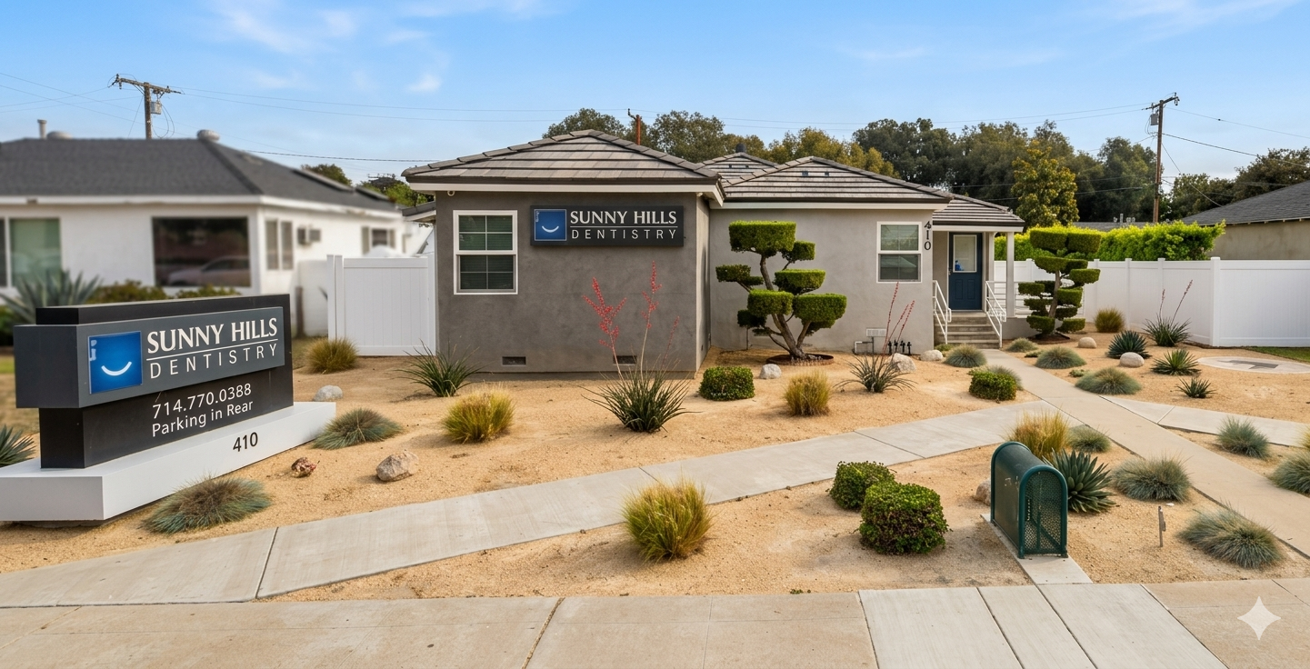 Sunny Hills Dentistry exterior building at 411 N. Euclid St., Fullerton, CA